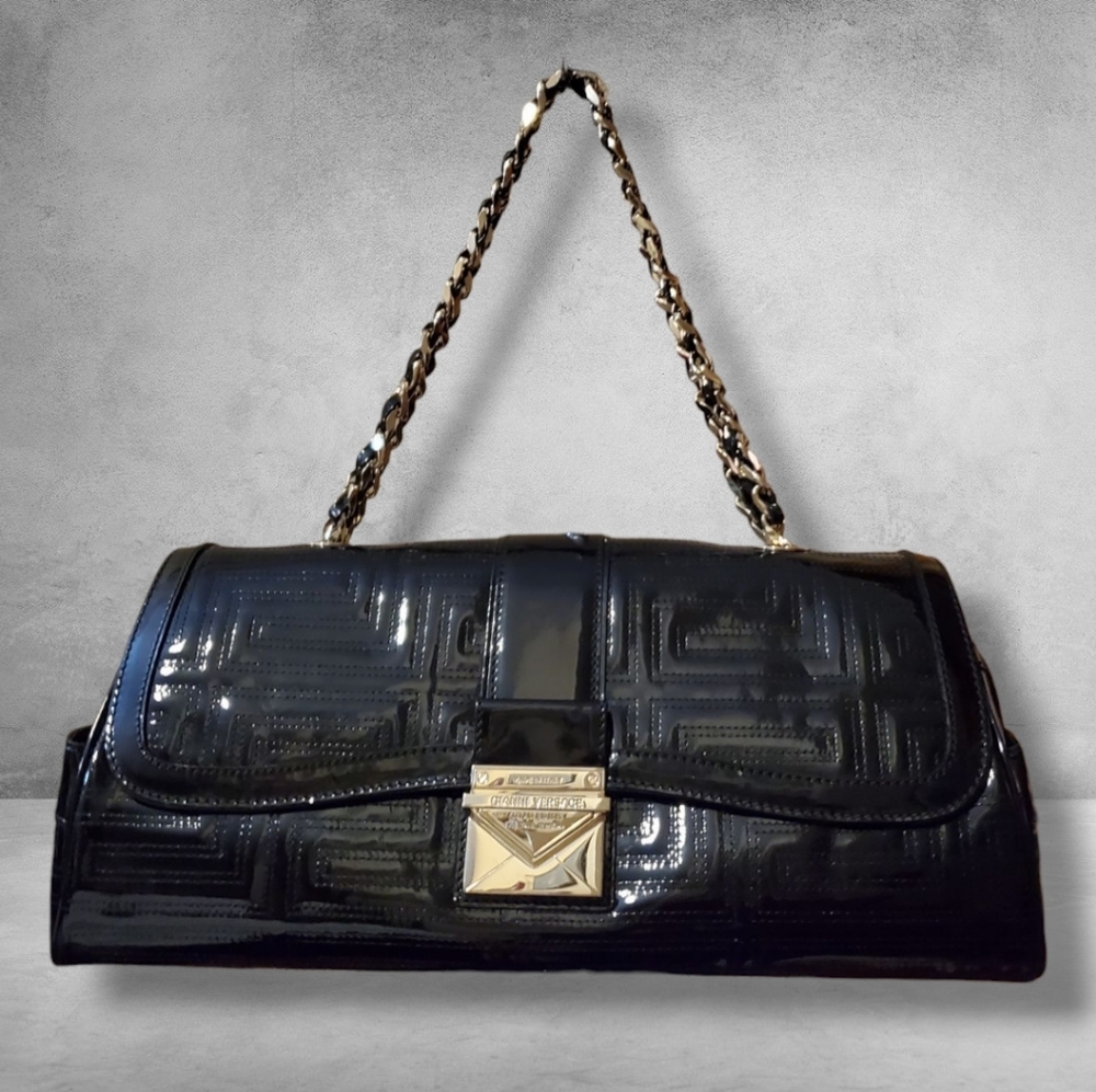 Versace Y2K Black Greco Quilt Leather Vintage Shoulder Bag, Gold Chain Straps